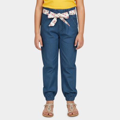Girls' Mid Blue Regular Fit Paperbag Waist Jeans