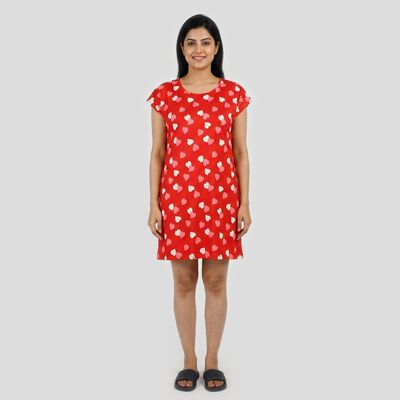 Women's Red Round Neck T-Shirt Style Nighty