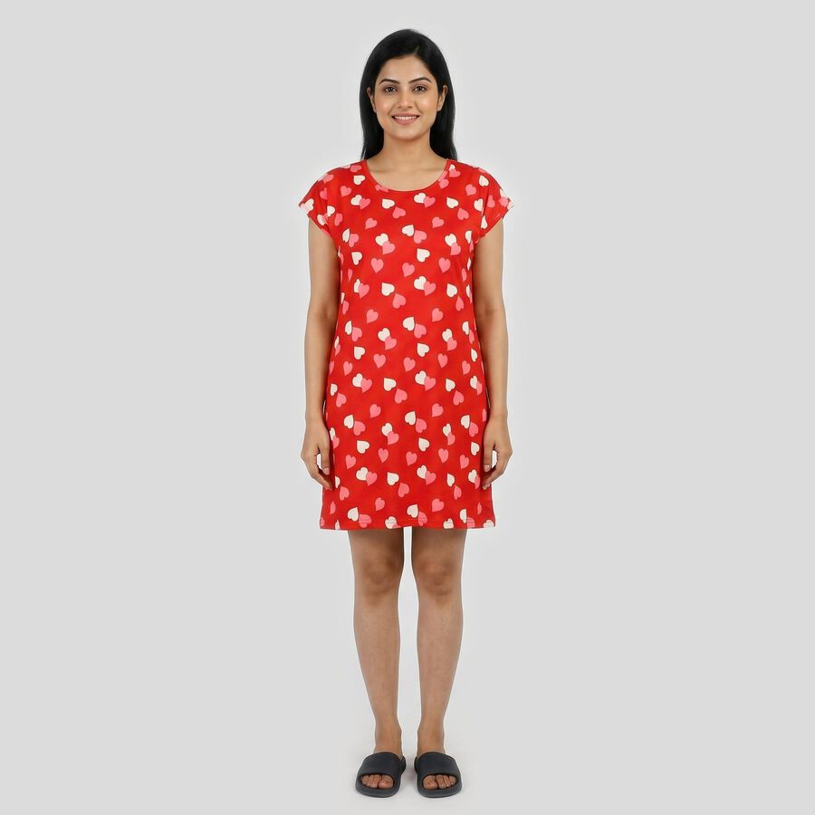 Women's Red Round Neck T-Shirt Style Nighty, Red, large