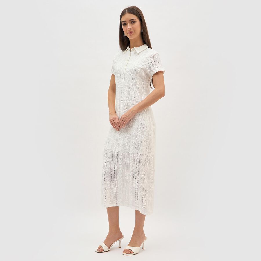 Women's Bright White Collared Classic Midi Dress, White, large image number null