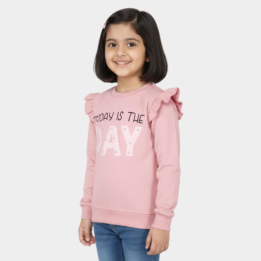 Girls Light Pink Crew Neck Ruffle Sleeve Sweatshirt, Pink, large image number null