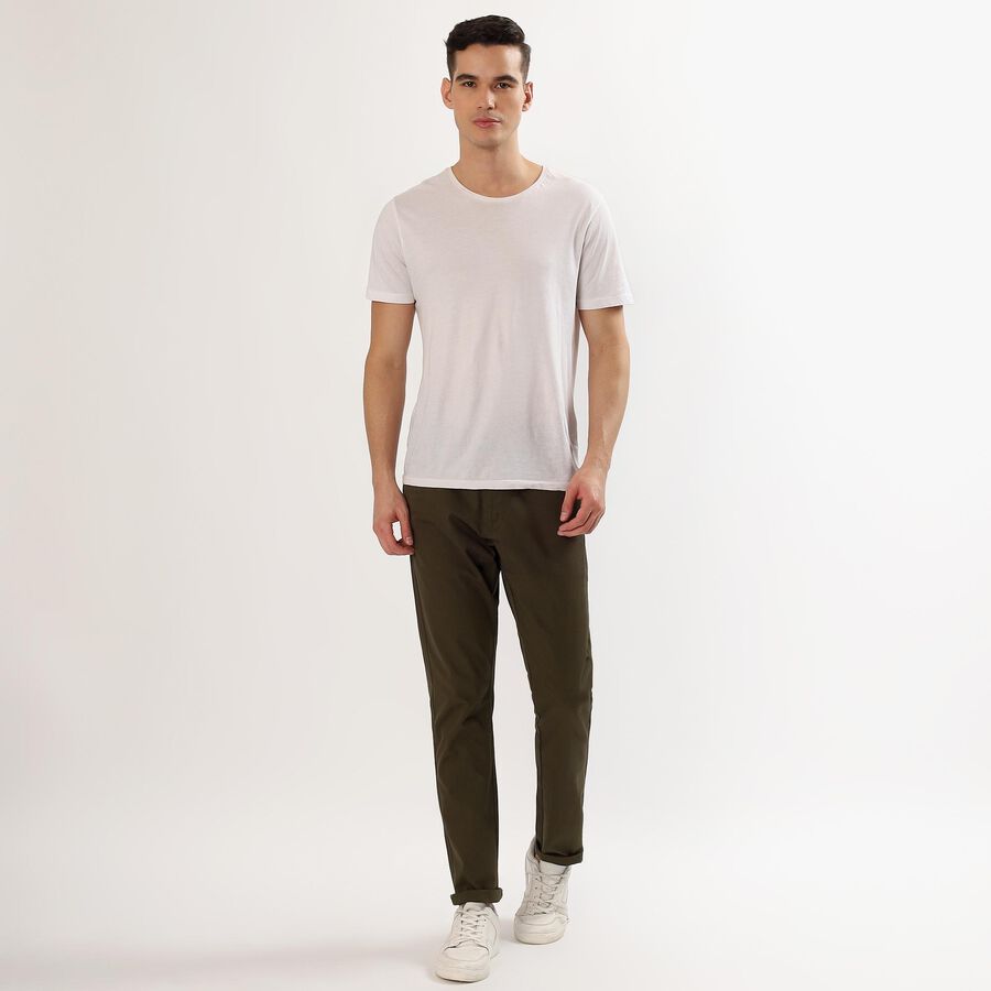 Men's Muted Olive Green Slim Fit Flat-Front Casual Trousers, Olive, large image number null