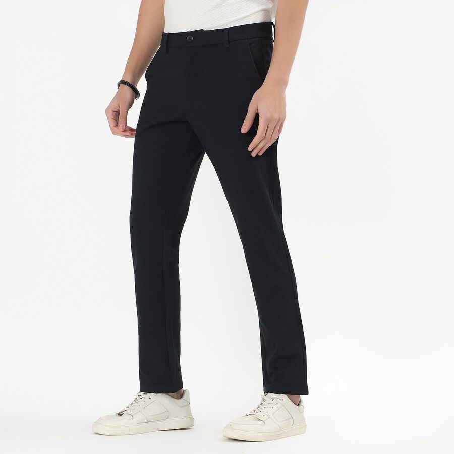 Men's Deep Jet Black Slim Fit Flat-Front Casual Trousers, नेवी ब्लू, large