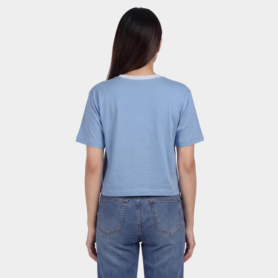 Women's Blue Cotton Round Neck Graphic T-Shirt, हल्का नीला, large