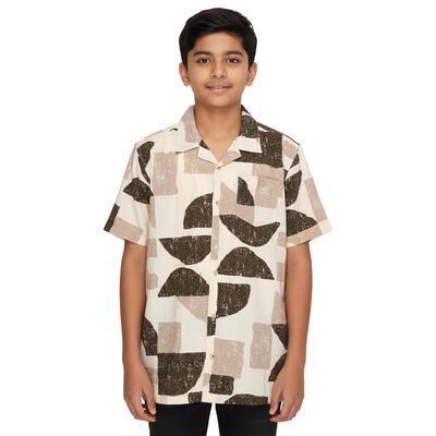 Boys Beige and Brown Cotton Half Sleeve Cuban Collar Casual Shirt