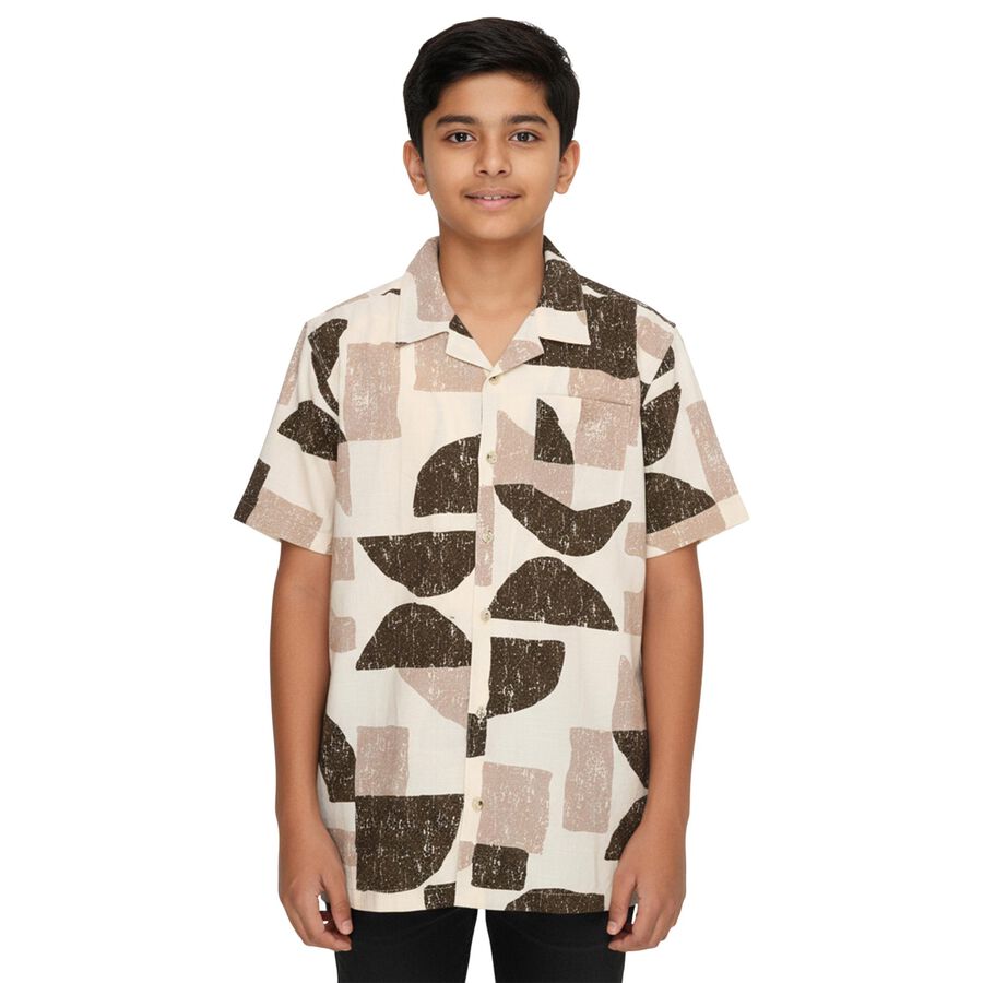 Boys Beige and Brown Cotton Half Sleeve Cuban Collar Casual Shirt, Beige, large image number null