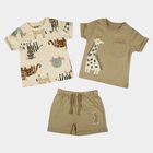 Infants' Beige 100% Cotton Round Neck Printed Baba Suit, Beige, small