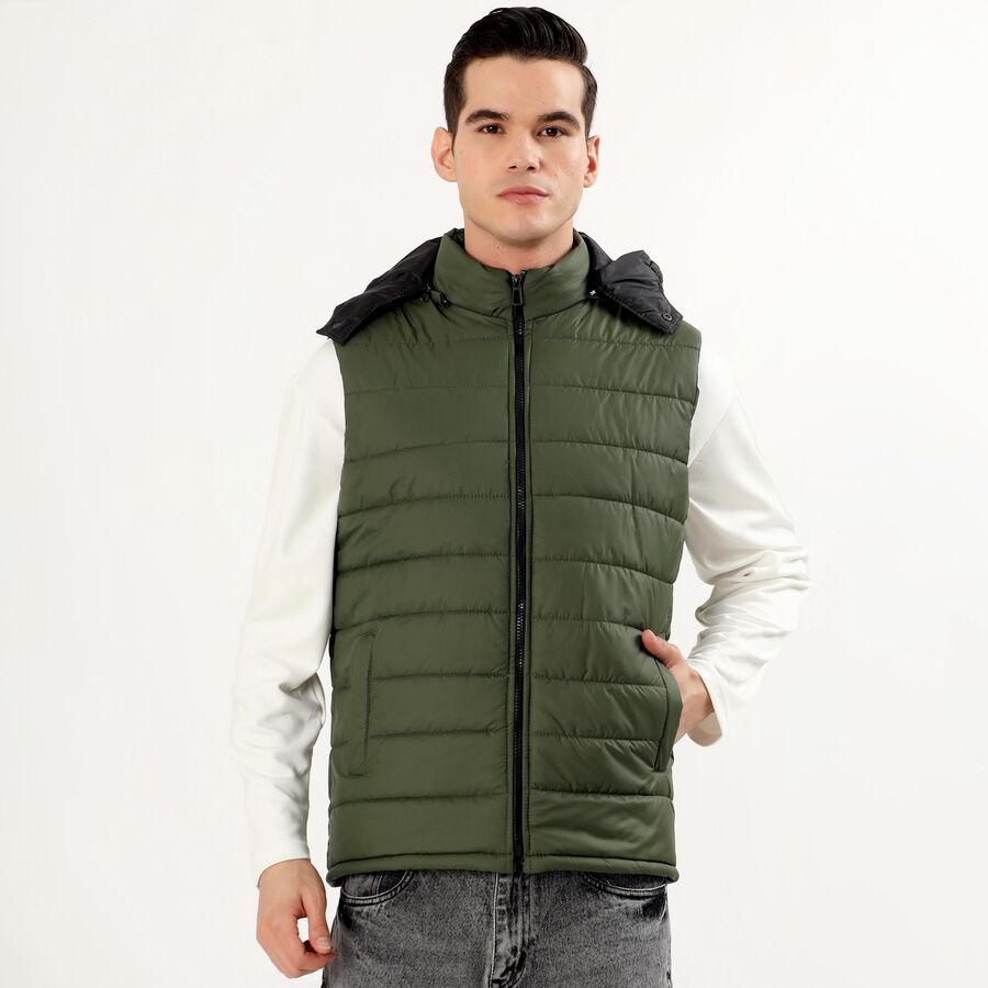 Men's Olive High Neck Sleeveless Puffer Jacket, ओलिव, large image number null
