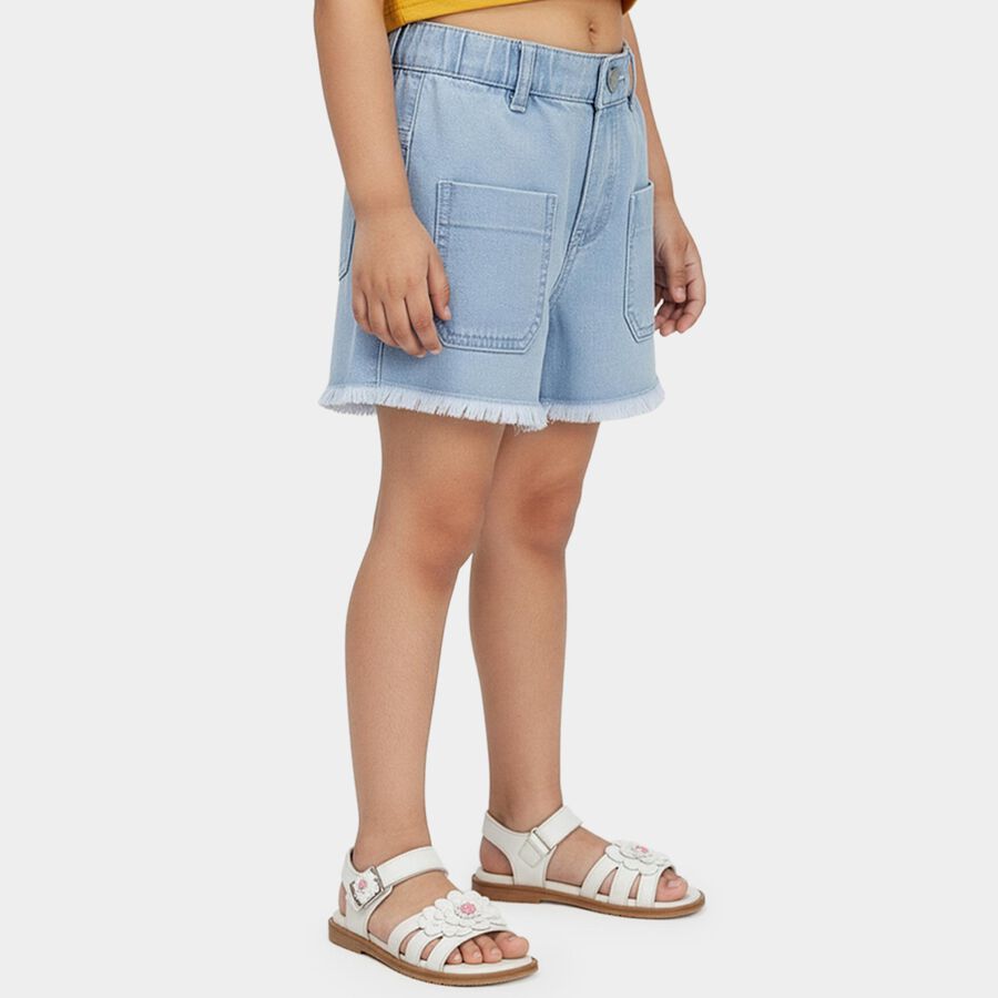 Girls' Light Blue Regular Fit Frayed Hem Denim Shorts, Light Blue, large