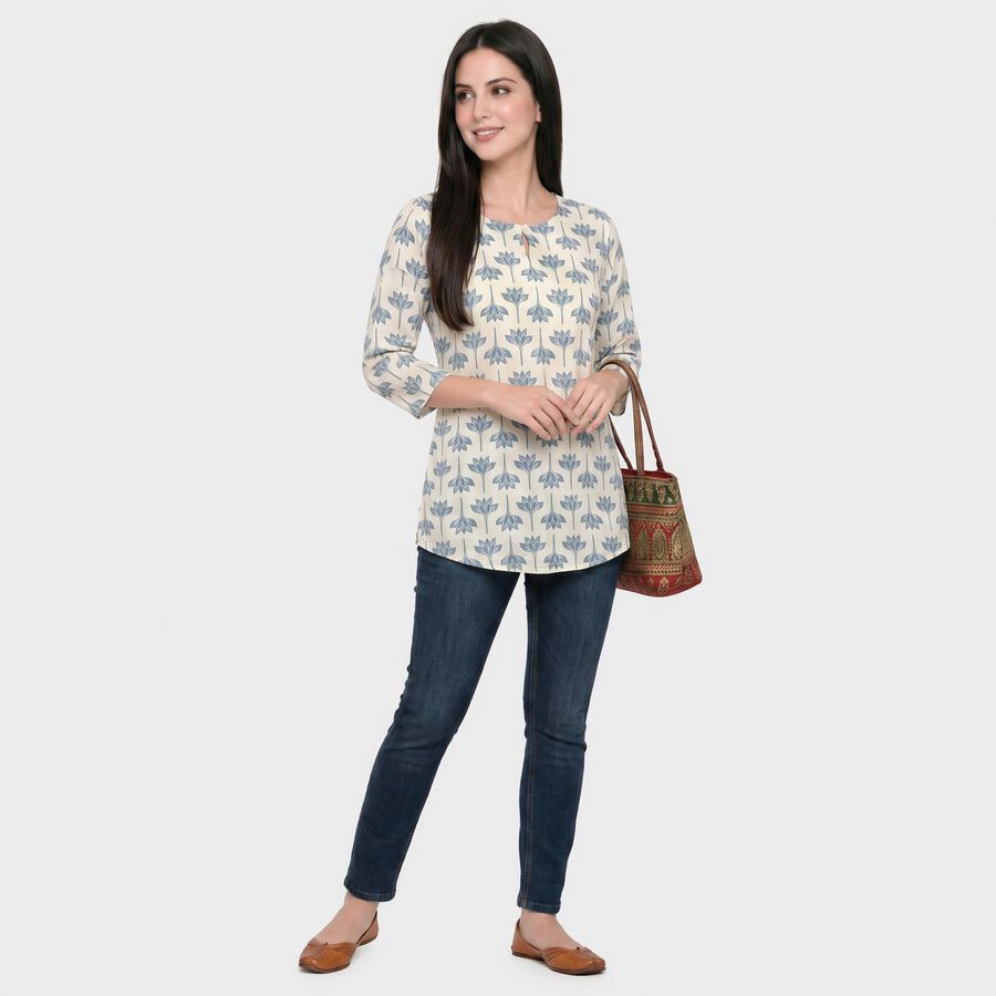 Women's Light Blue Round Neck Printed Kurti, Light Blue, large