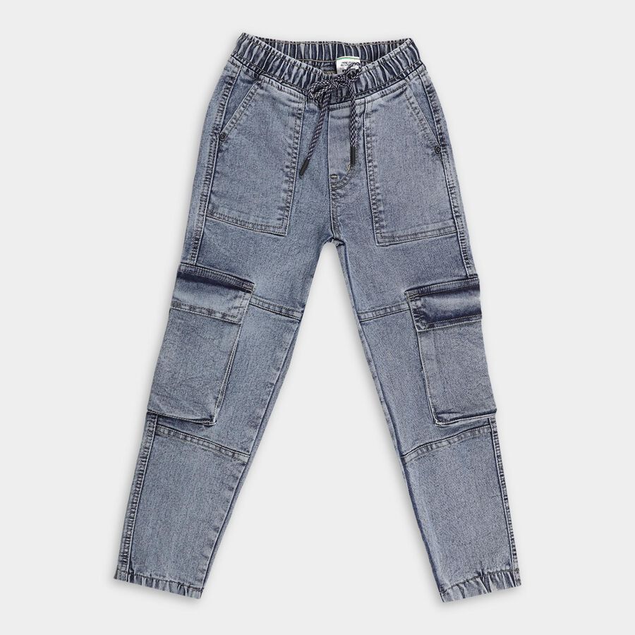 Boys' Stonewashed Blue Cargo Fit Elasticated Jeans, हल्का नीला, large image number null