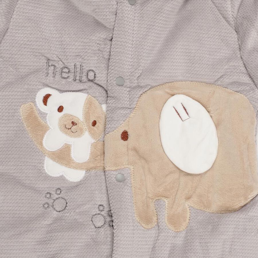 Infants' Light Grey Hooded Elephant Appliqué Baba Suit, हल्का ग्रे, large image number null