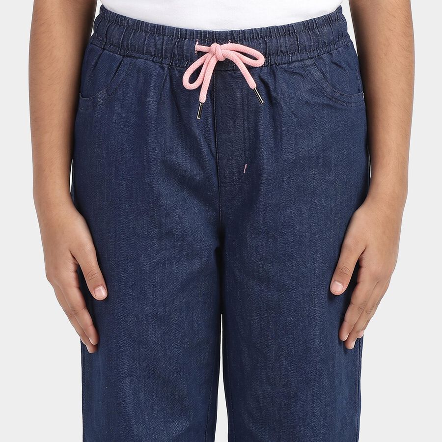 Girls' Navy Blue Jogger Fit Drawstring Jeans, मध्यम नीला, large