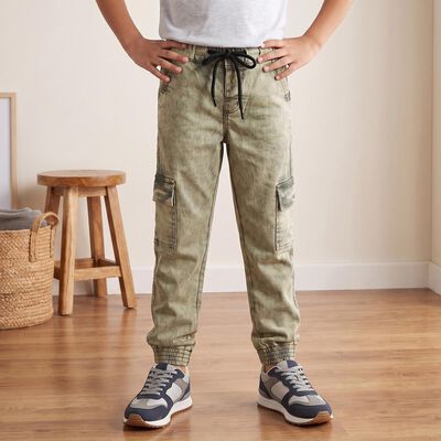 Boys Olive Green Cargo Fit Washed Jeans
