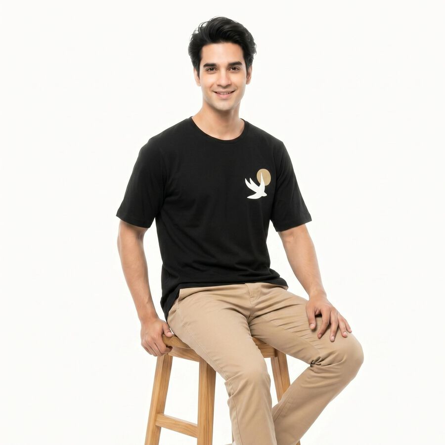 Men's Black Cotton Round Neck Regular T-Shirt, Black, large