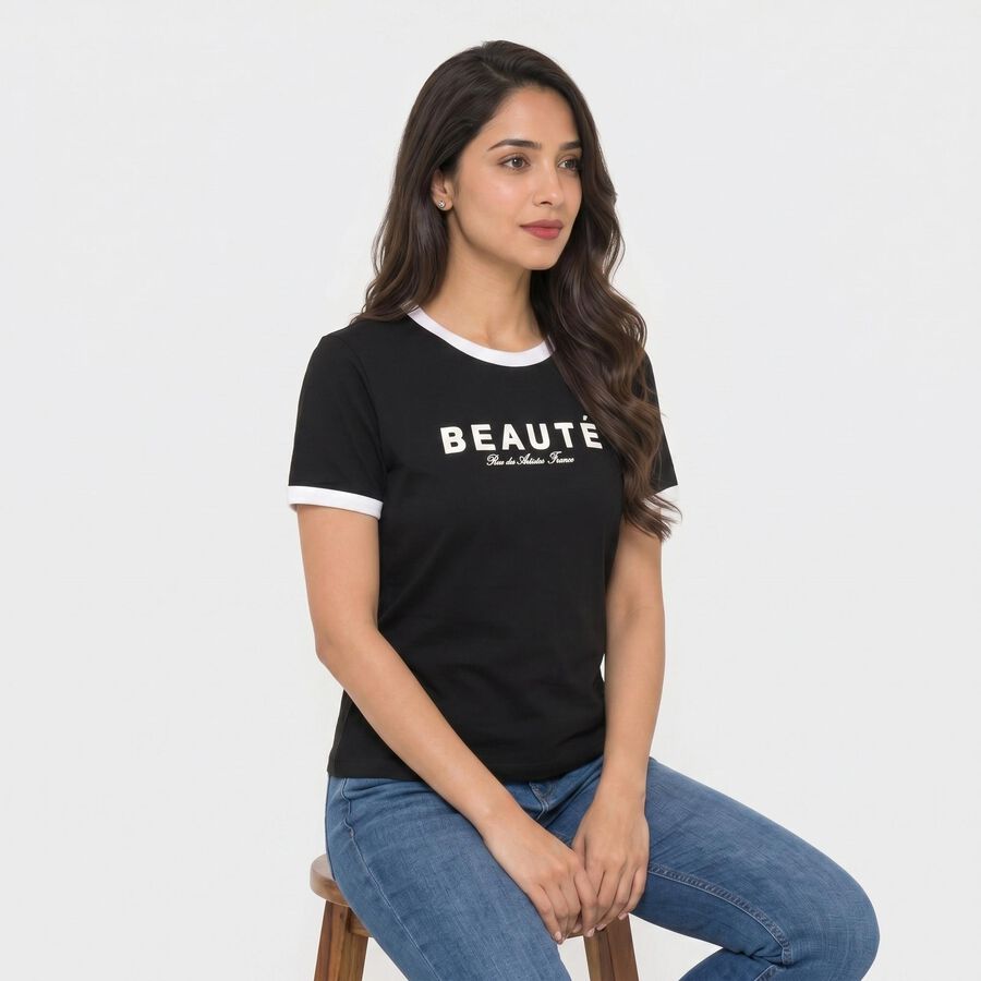 Women's Black Cotton Round Neck Regular T-Shirt, Black, large