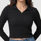 Women's Black Polo Collar Crop Top, काला, small