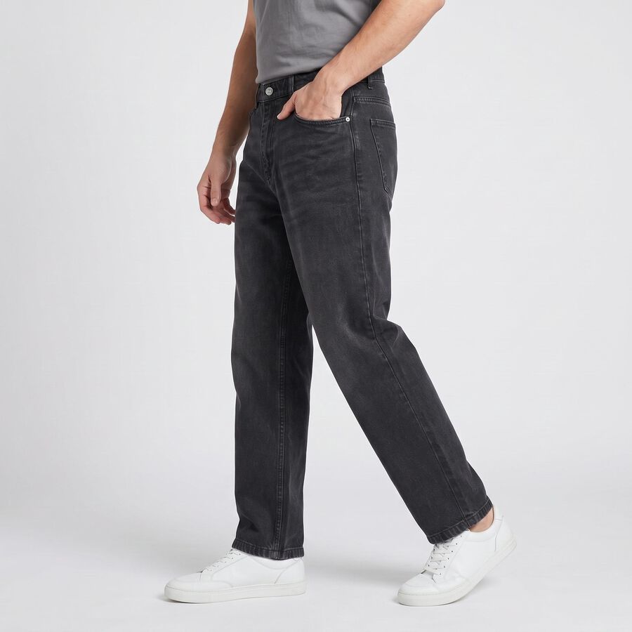 Men's Dark Grey Straight Fit Washed Jeans, गहरा ग्रे, large