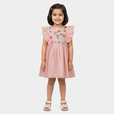 Girls' Peach Cotton Embroidered Ruffle Sleeve Frock