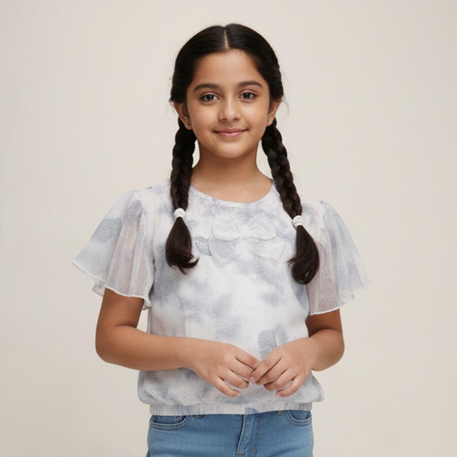 Girls' White Round Neck Casual Flutter Sleeve T-Shirt, White, large image number null