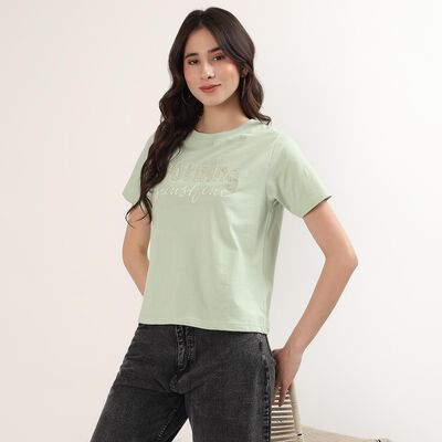 Women's Mint Green Cotton Round Neck Minimalist T-Shirt