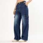 Women's Stonewashed Blue Wide-Leg Cargo Jeans, Dark Blue, small image number null