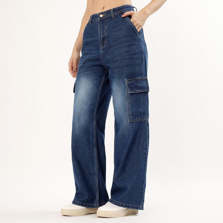 Women's Stonewashed Blue Wide-Leg Cargo Jeans, Dark Blue, large image number null