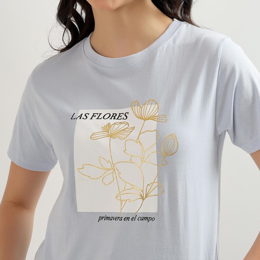 Women's Light Blue Cotton Round Neck Floral Print T-Shirt, Light Blue, large image number null