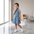 Girls' Light Blue Fit and Flare Belted Shirt Collar Frock, Light Blue, small