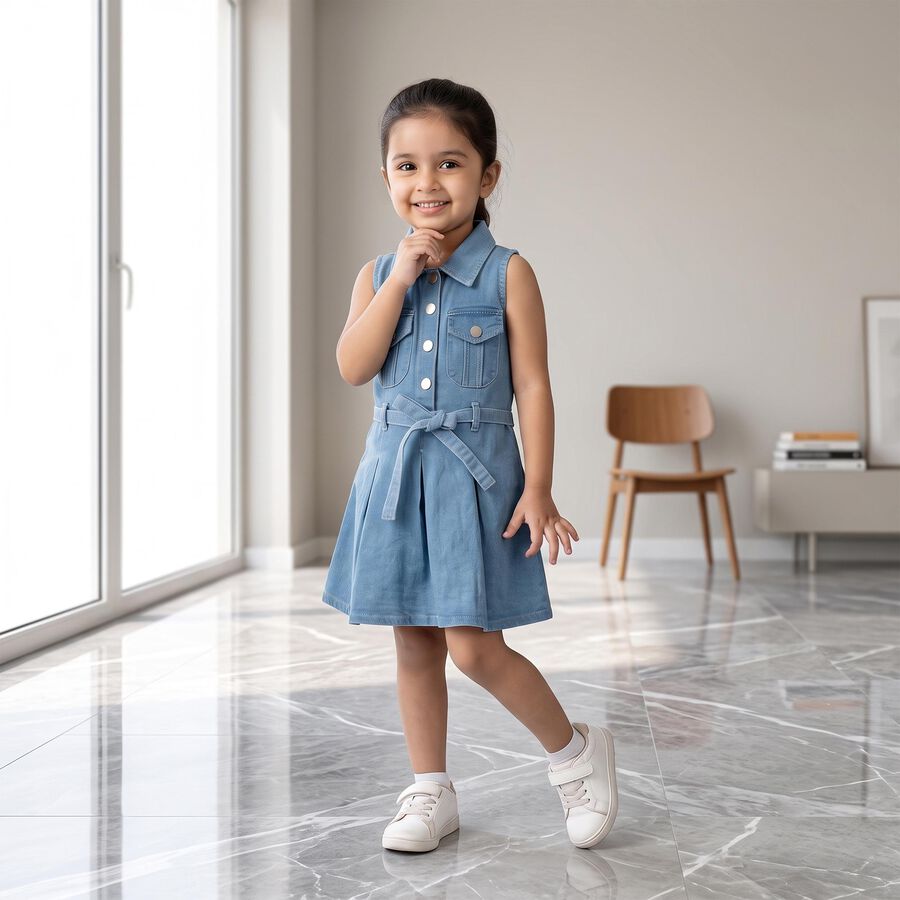Girls' Light Blue Fit and Flare Belted Shirt Collar Frock, Light Blue, large