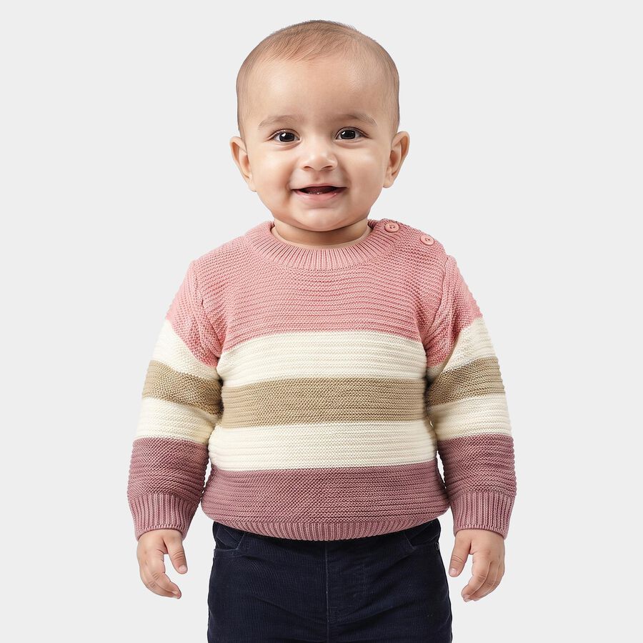 Infants' Pink Crew Neck Striped Pullover, गुलाबी, large