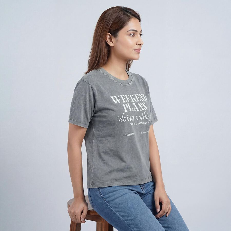 Women's Light Grey Round Neck Casual T-Shirt, हल्का ग्रे, large