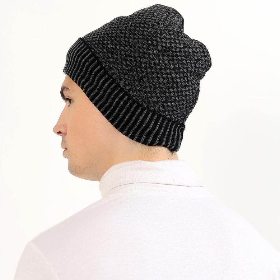 Men's Dark Charcoal Black Textured Knitted Winter Cap, Melange Mid Grey, large image number null