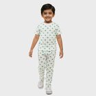 Boys White Cotton Round Neck Star Printed Night Suit, सफ़ेद, small