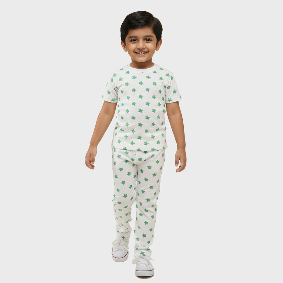 Boys White Cotton Round Neck Star Printed Night Suit, सफ़ेद, large