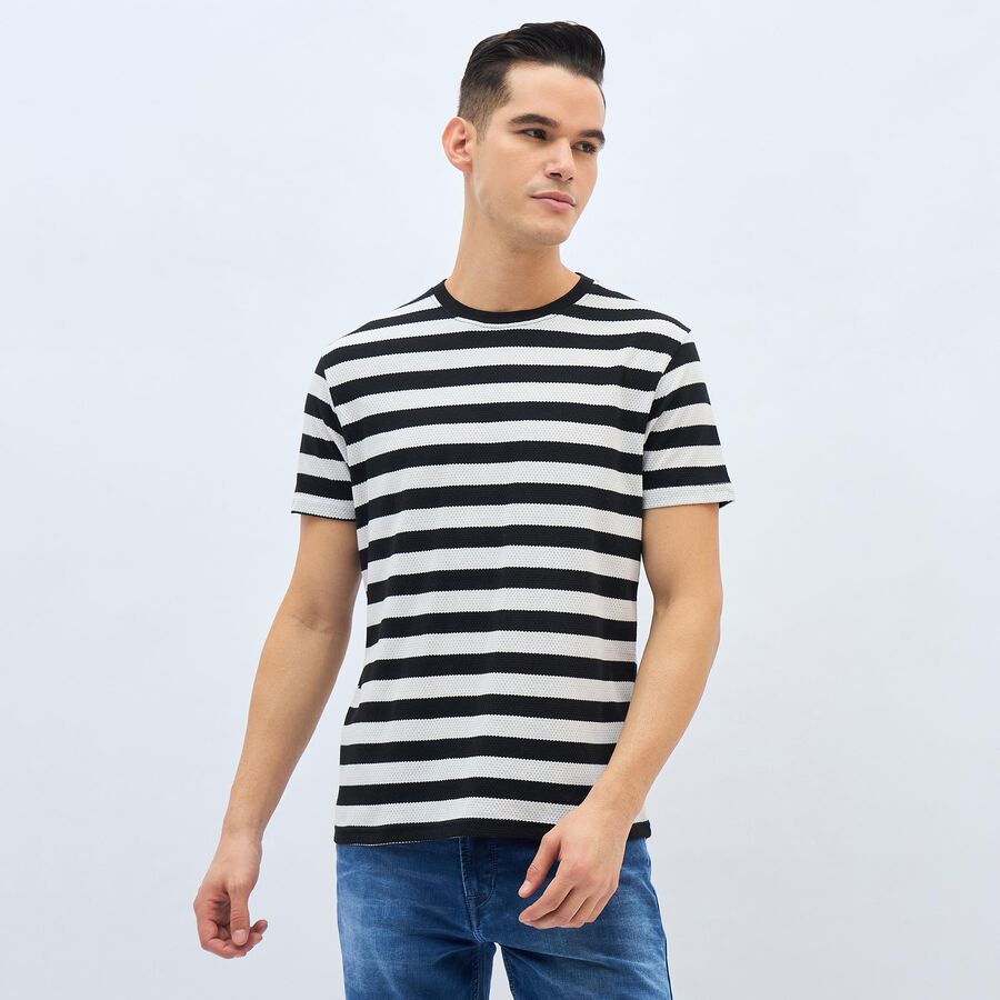 Men's Black and White Round Neck Striped T-Shirt, Off White, large