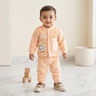 Infants' Peach Round Neck Graphic Print Baba Suit