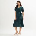 Women's Deep Forest Green Cotton V-Neck Empire Dress, Dark Green, small image number null