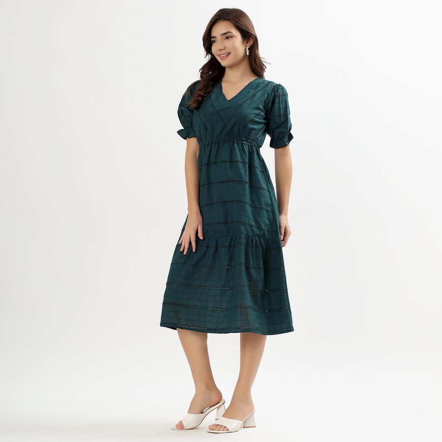 Women's Deep Forest Green Cotton V-Neck Empire Dress, Dark Green, large image number null