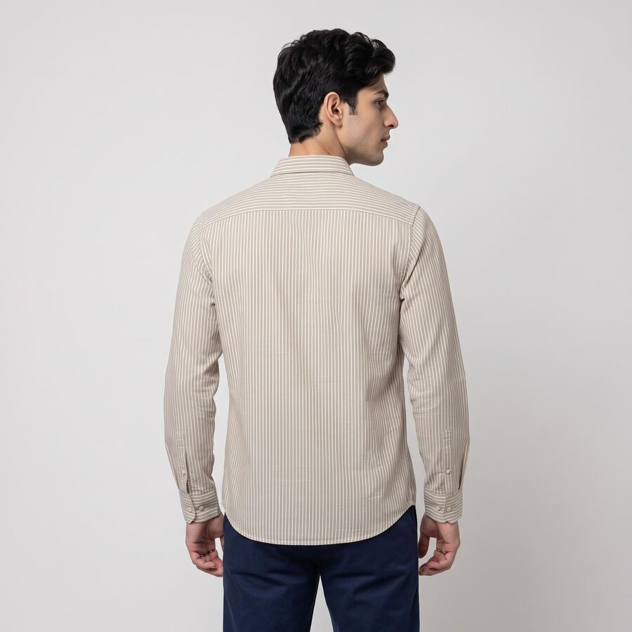 Men's Beige 100% Cotton Long Sleeve Collar Casual Shirt, Beige, large