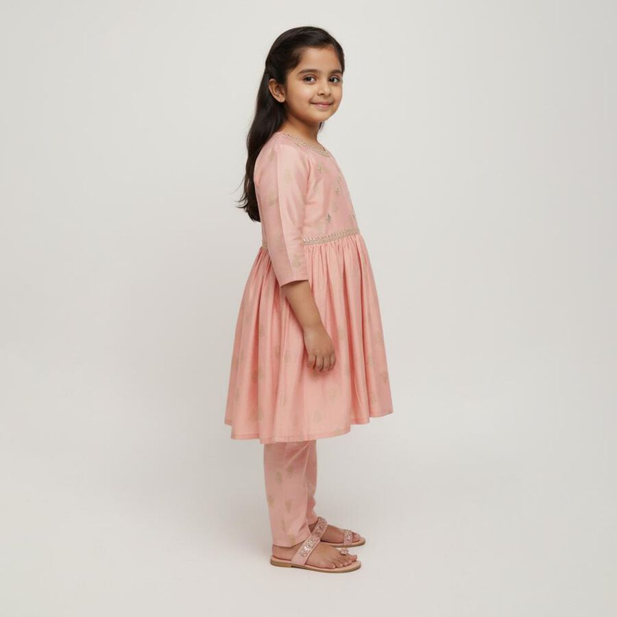 Girls Soft Pink Embroidered Kurta and Churidar Fusion Set, Peach, large image number null