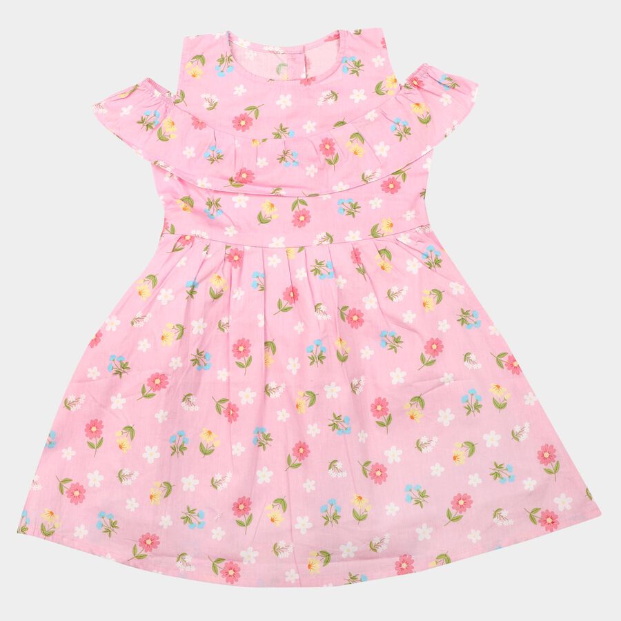 Girls Pink Fit and Flare Floral Printed Cold Shoulder Frock, गुलाबी, large
