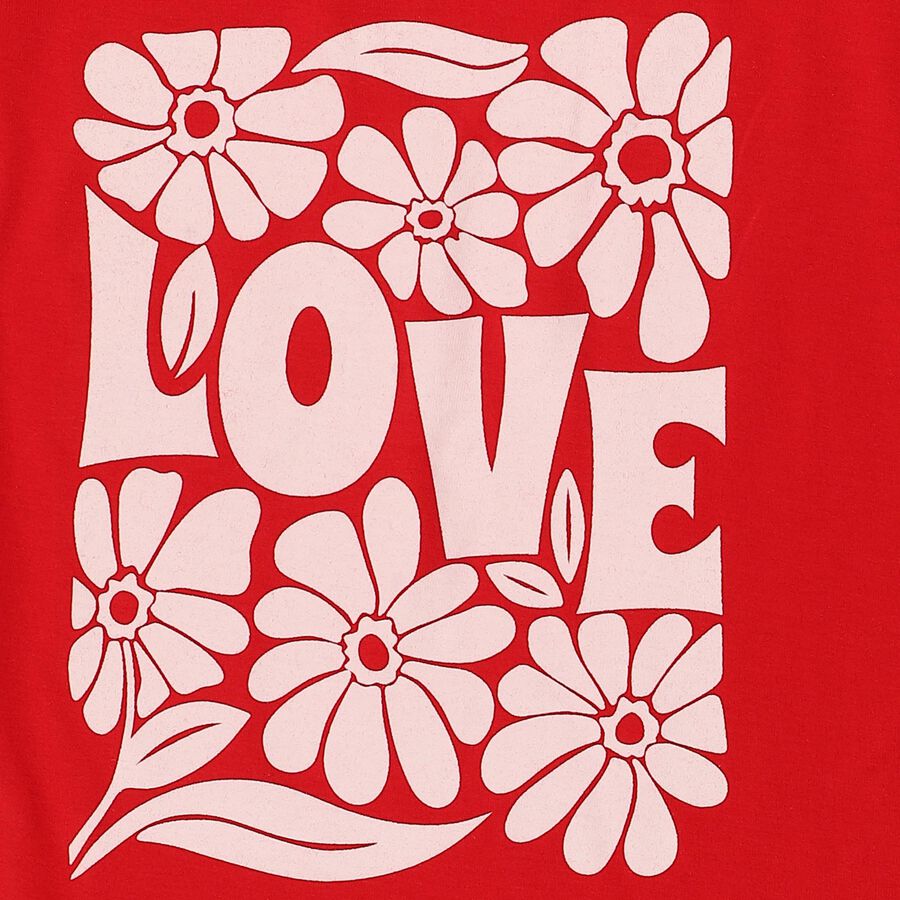 Girls' Red Cotton Blend Round Neck Casual Printed T-Shirt, Red, large