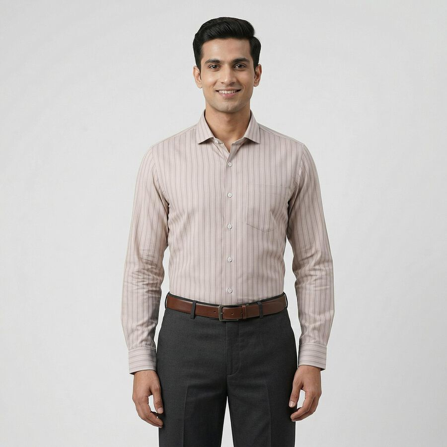 Men's Beige Spread Collar Classic Formal Shirt, Beige, large