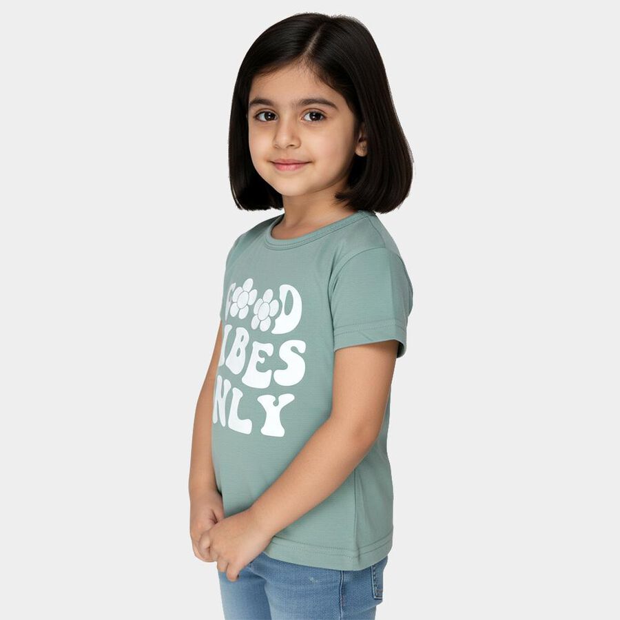 Girls' Green Round Neck Printed T-Shirt, Light Green, large