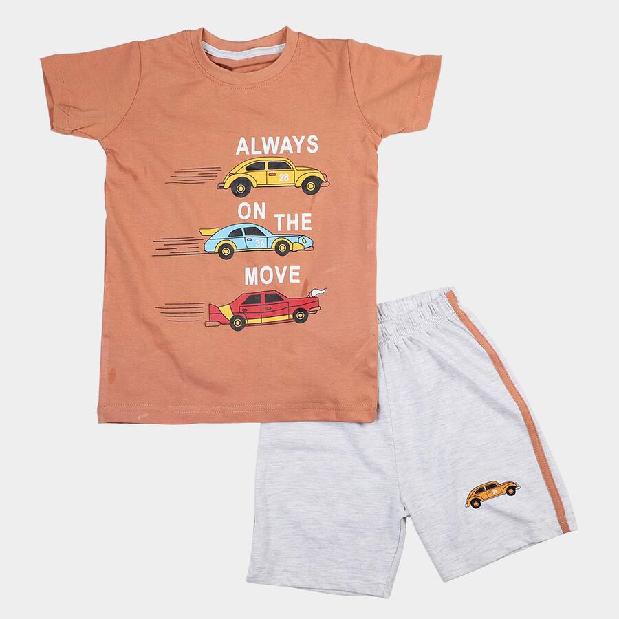 Boys Rust Cotton Round Neck Graphic Printed Baba Suit, रस्ट, large