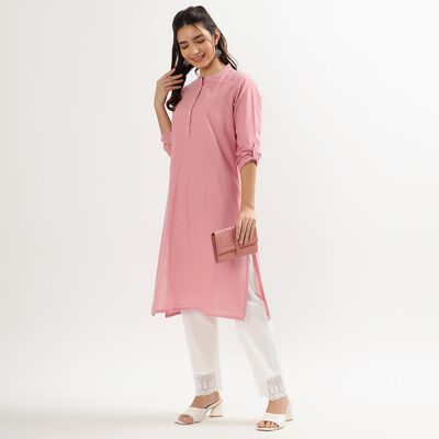 Unisex Purple Cotton Round Neck Solid Kurta