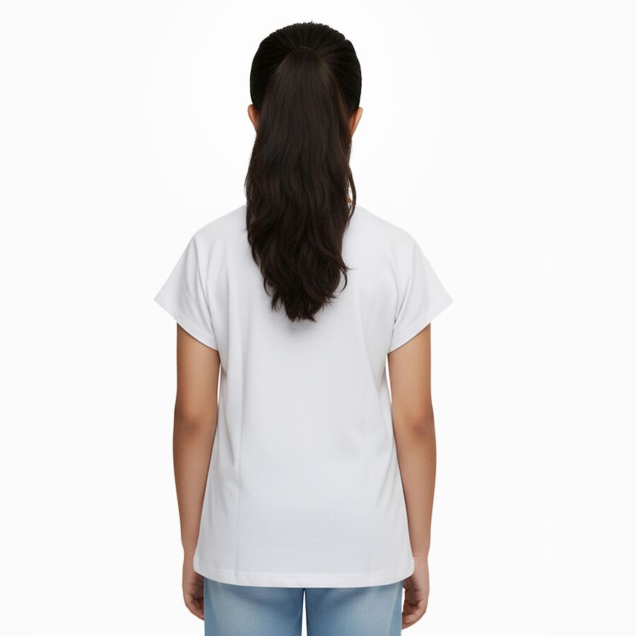 Girls Bright Snow White Round Neck Casual T-Shirt, सफ़ेद, large image number null