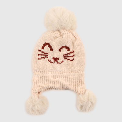 Infants Soft Beige Cat Face Winter Cap