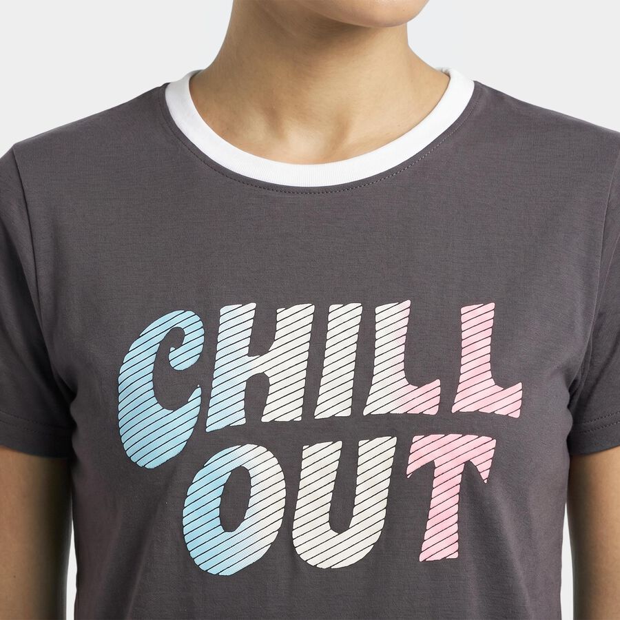 Women's Charcoal Round Neck Regular T-Shirt, Dark Grey, large